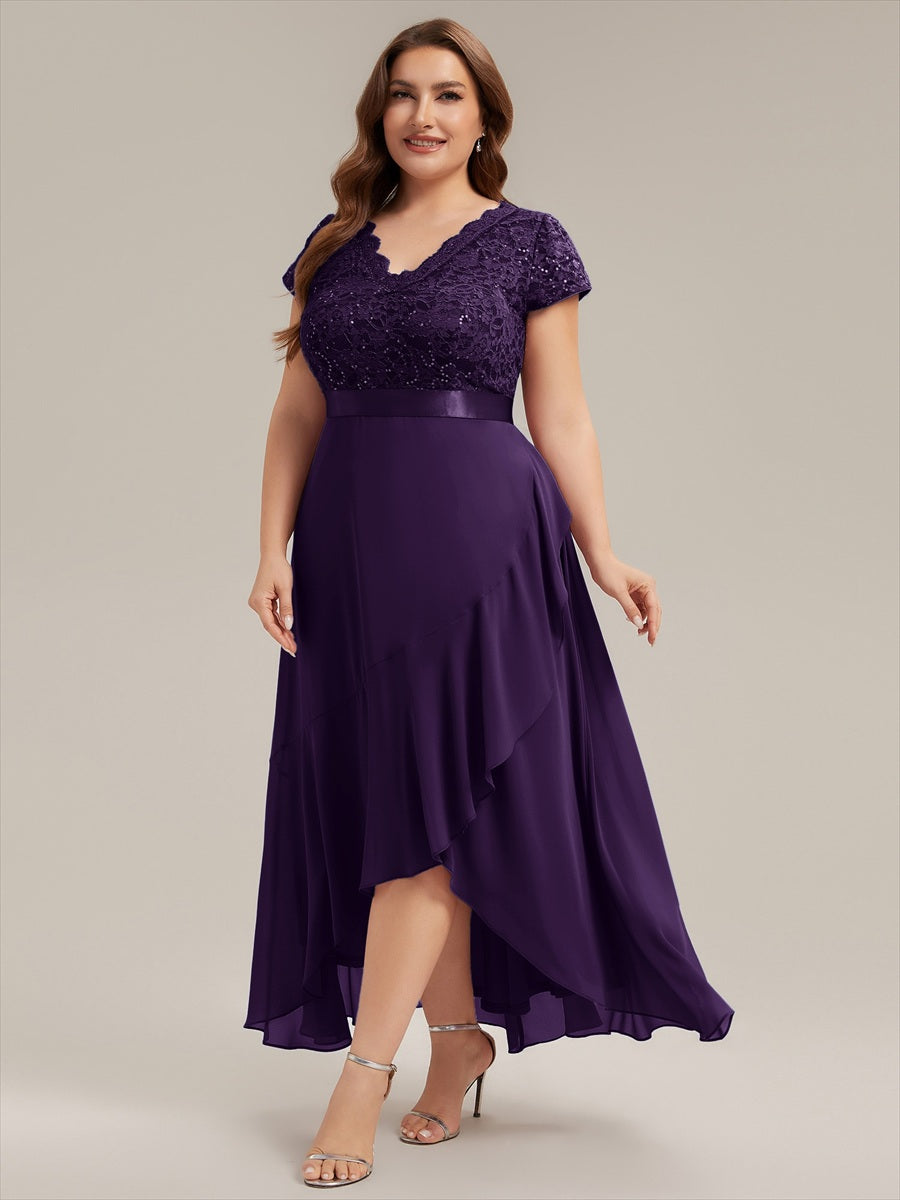 Deep V-Neck Chiffon Cap Sleeve Evening Dress #color_Dark Purple