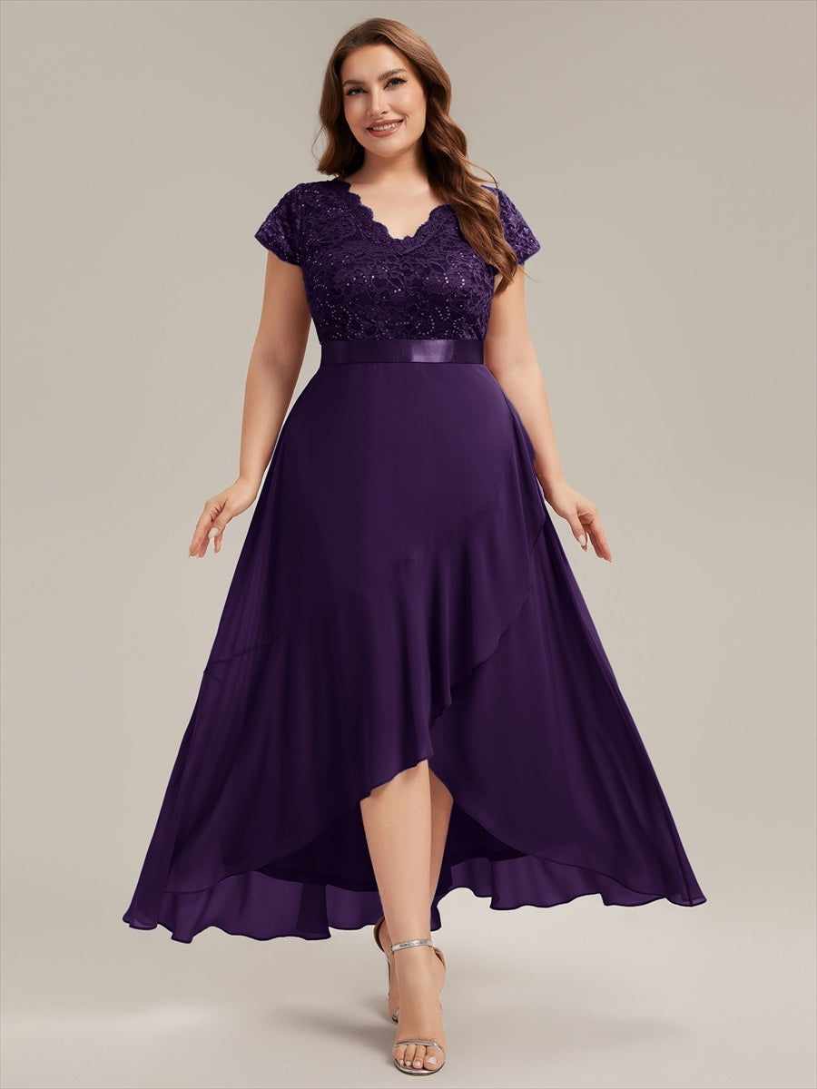 Deep V-Neck Chiffon Cap Sleeve Evening Dress #color_Dark Purple