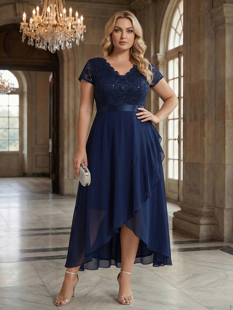 Deep V-Neck Chiffon Cap Sleeve Evening Dress #color_Navy Blue