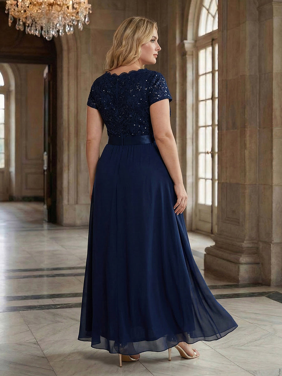 Deep V-Neck Chiffon Cap Sleeve Evening Dress #color_Navy Blue