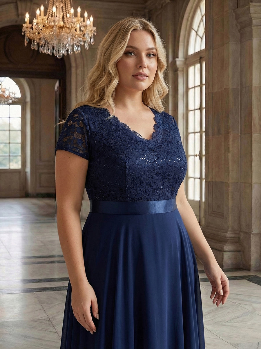 Deep V-Neck Chiffon Cap Sleeve Evening Dress #color_Navy Blue
