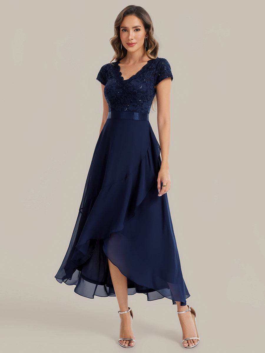 Deep V-Neck Chiffon Cap Sleeve Evening Dress #color_Navy Blue