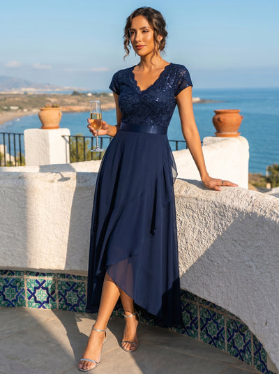 Deep V-Neck Chiffon Cap Sleeve Evening Dress #color_Navy Blue