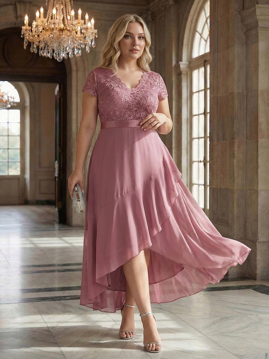 Deep V-Neck Chiffon Cap Sleeve Evening Dress #color_Purple Orchid