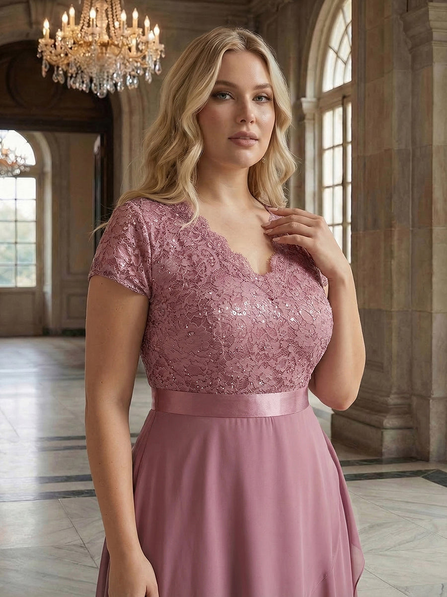 Deep V-Neck Chiffon Cap Sleeve Evening Dress #color_Purple Orchid