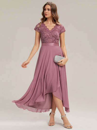 Deep V-Neck Chiffon Cap Sleeve Evening Dress #color_Purple Orchid