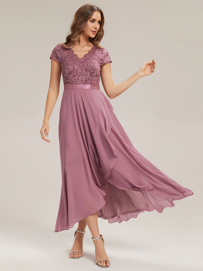 Deep V-Neck Lace Cap Sleeve Evening Dress