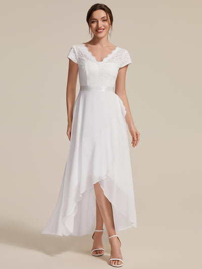 Deep V-Neck Lace Cap Sleeve Evening Dress