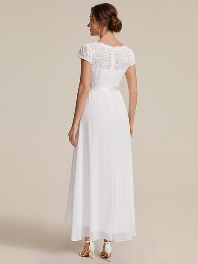 Deep V-Neck Chiffon Cap Sleeve Evening Dress #color_White