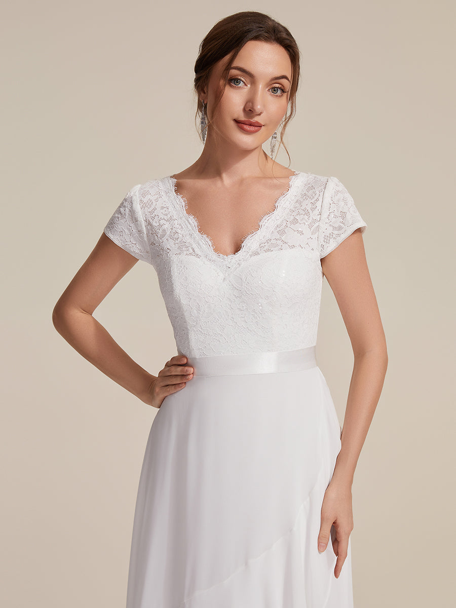 Deep V-Neck Chiffon Cap Sleeve Evening Dress #color_White