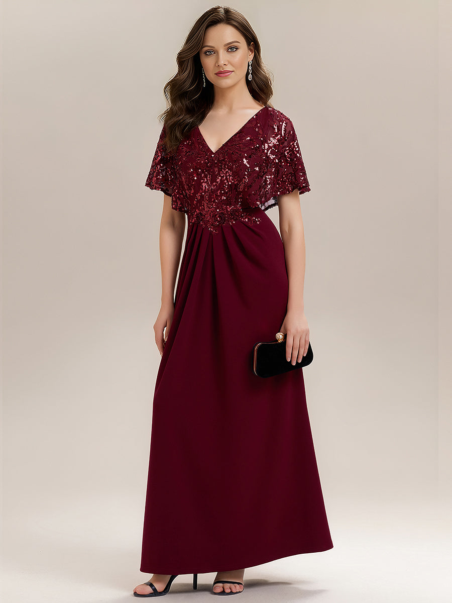 Double V-Neck Sequin Batwing Sleeve Evening Dress #color_Burgundy