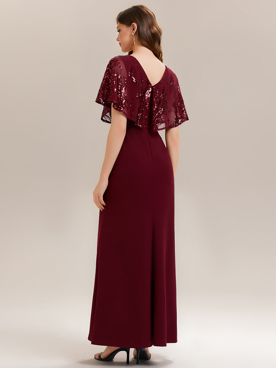Double V-Neck Sequin Batwing Sleeve Evening Dress #color_Burgundy