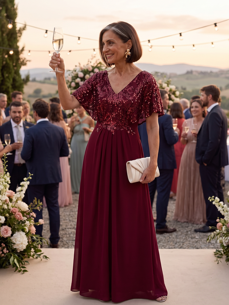 Double V-Neck Sequin Batwing Sleeve Evening Dress #color_Burgundy