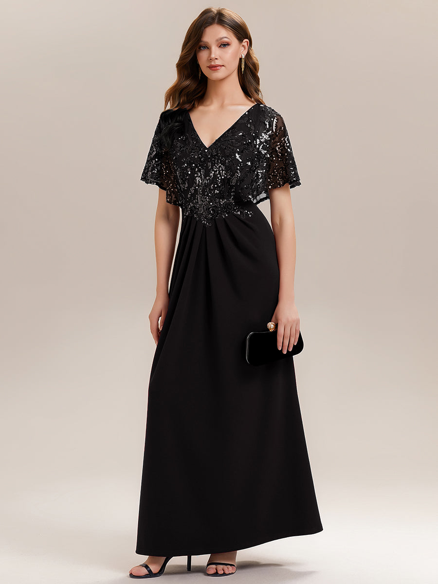 Double V-Neck Sequin Batwing Sleeve Evening Dress #color_Black