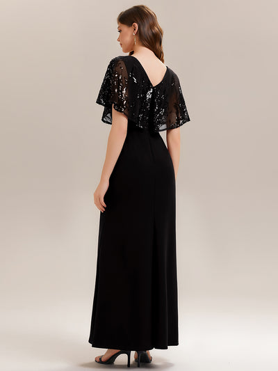 Double V-Neck Sequin Batwing Sleeve Evening Dress #color_Black