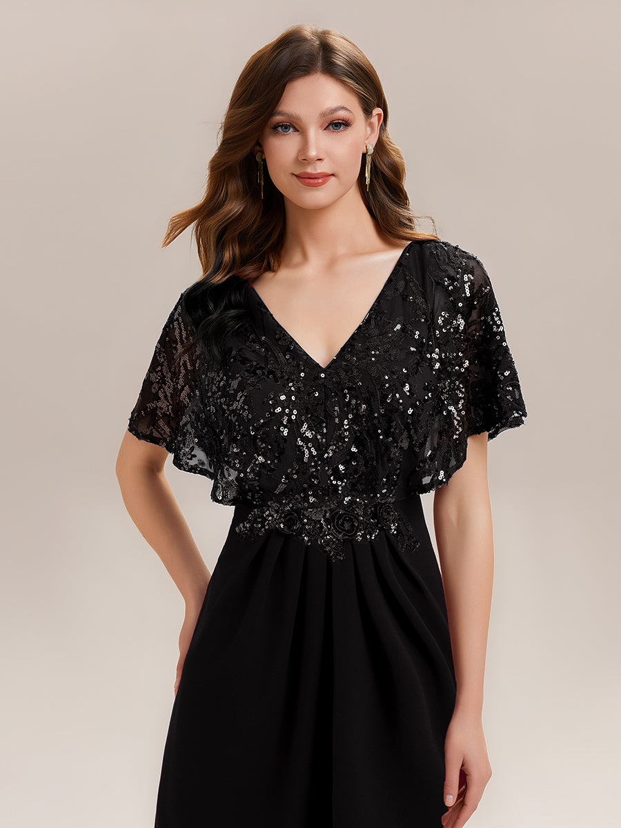 Double V-Neck Sequin Batwing Sleeve Evening Dress #color_Black