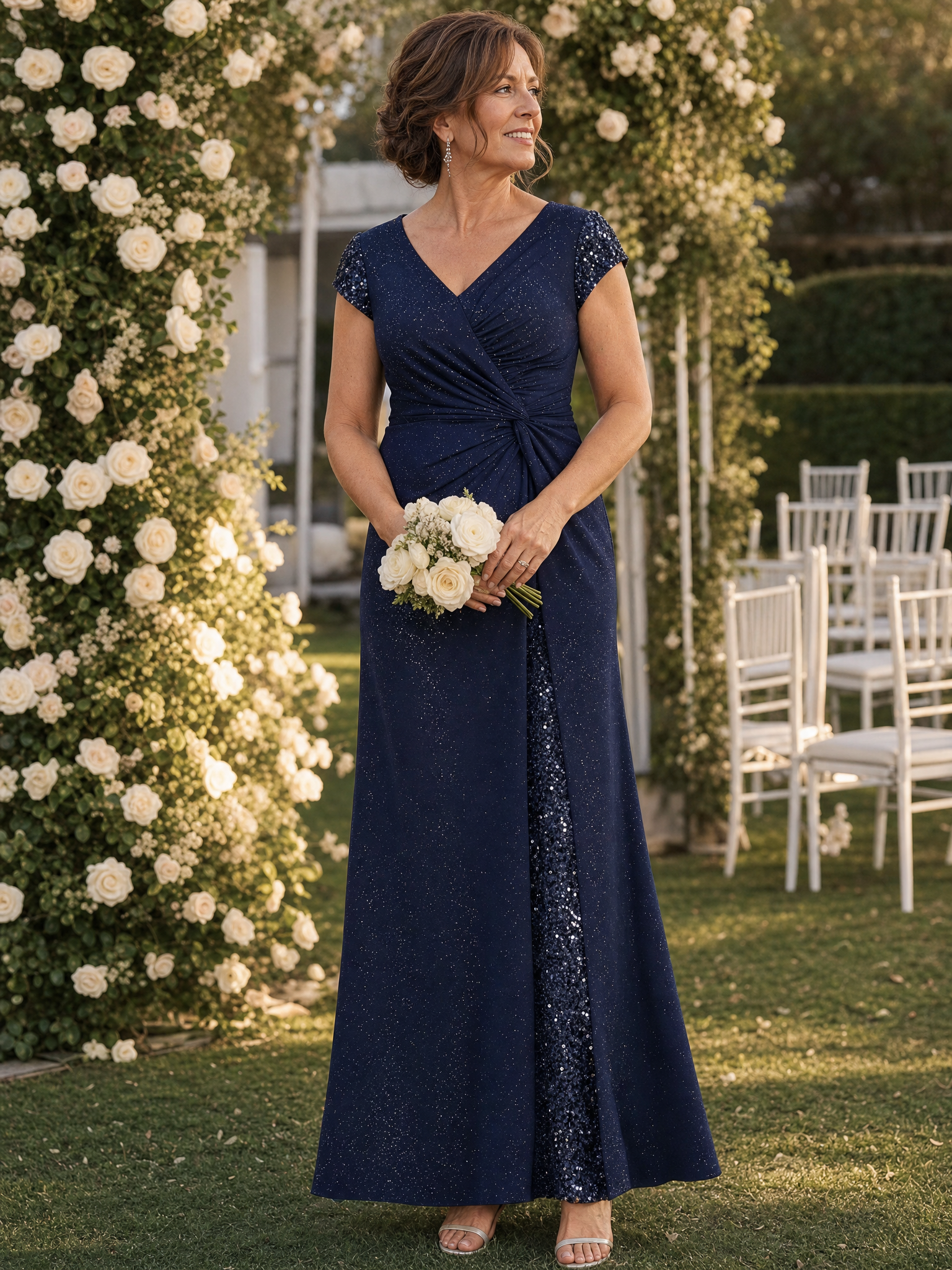 Plus Size Knotted Knit Cap Sleeve Maxi Glitter Evening Dress #color_Navy Blue