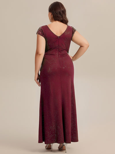 Plus Size Knotted Knit Cap Sleeve Maxi Glitter Evening Dress #color_Burgundy