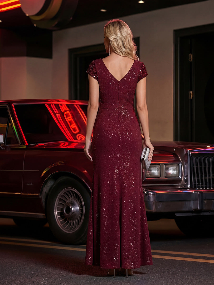 Knotted Knit Cap Sleeve Maxi Glitter Evening Dress #color_Burgundy