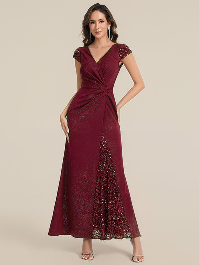 Knotted Knit Cap Sleeve Maxi Glitter Evening Dress #color_Burgundy