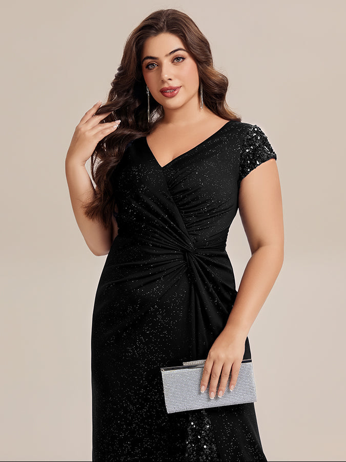 Plus Size Knotted Knit Cap Sleeve Maxi Glitter Evening Dress #color_Black