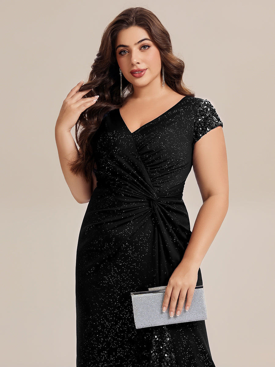 Plus Size Knotted Knit Cap Sleeve Maxi Glitter Evening Dress #color_Black