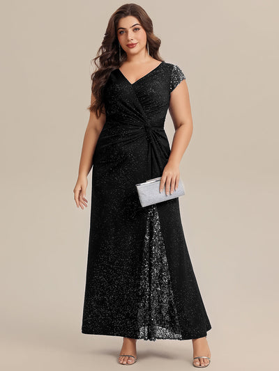 Plus Size Knotted Knit Cap Sleeve Maxi Glitter Evening Dress #color_Black