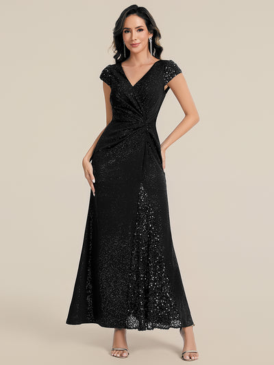 Knotted Knit Cap Sleeve Maxi Glitter Evening Dress #color_Black