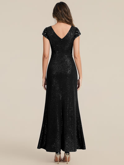 Knotted Knit Cap Sleeve Maxi Glitter Evening Dress #color_Black