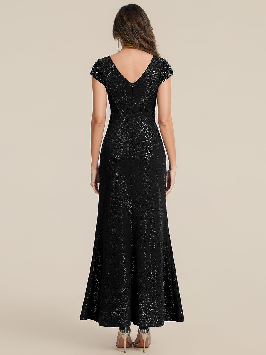 Knotted Knit Cap Sleeve Maxi Glitter Evening Dress #color_Black
