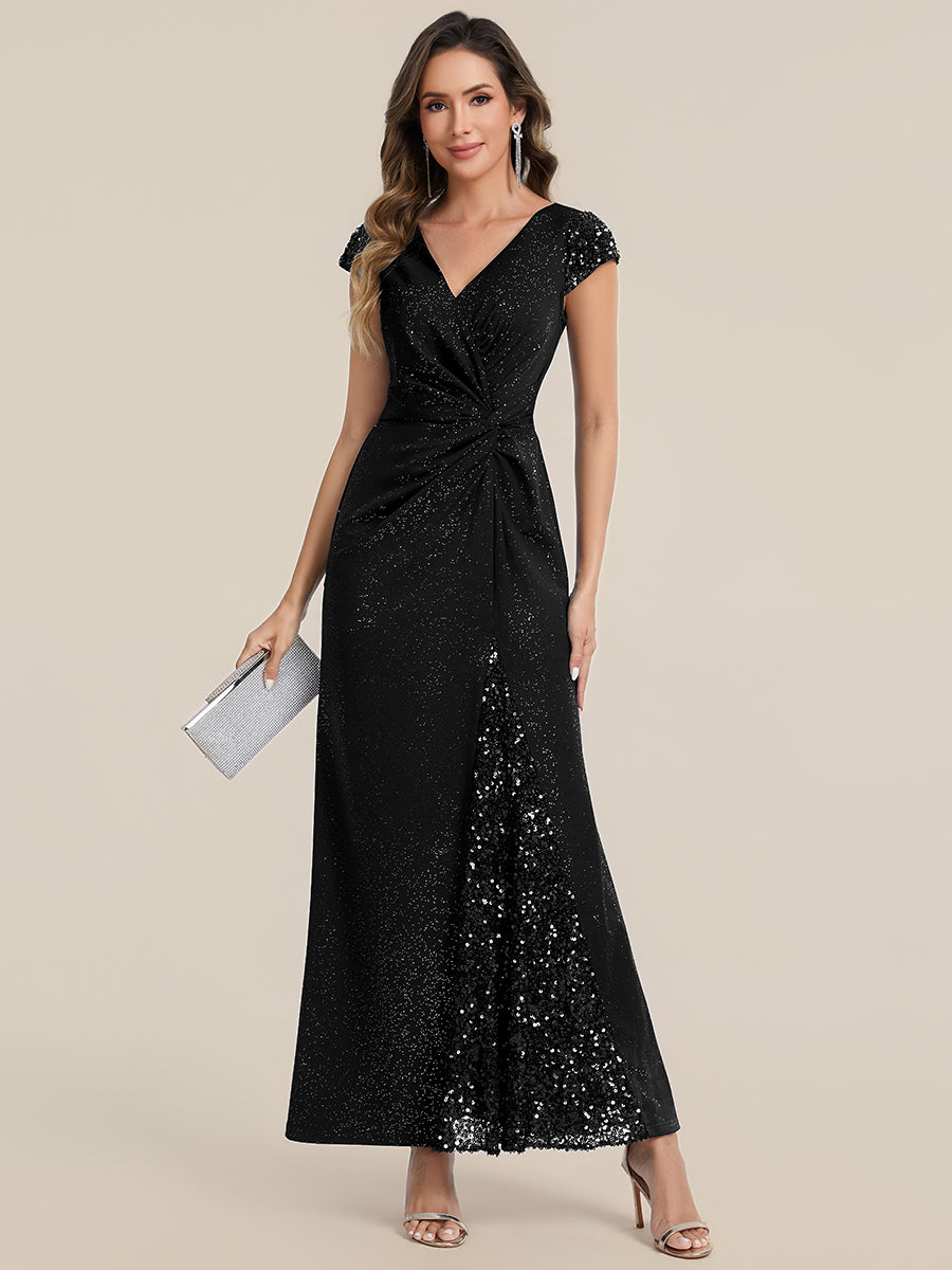 Knotted Knit Cap Sleeve Maxi Glitter Evening Dress #color_Black
