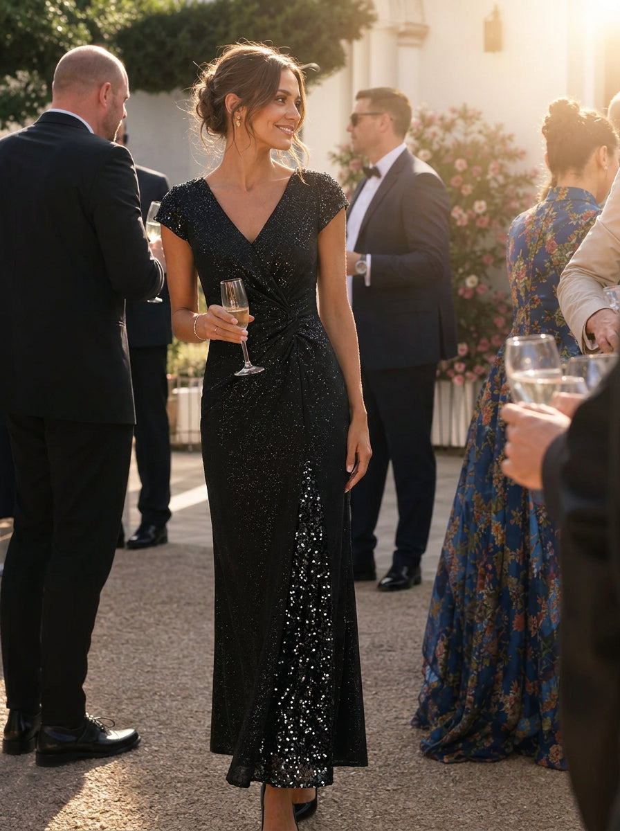 Knotted Knit Cap Sleeve Maxi Glitter Evening Dress #color_Black