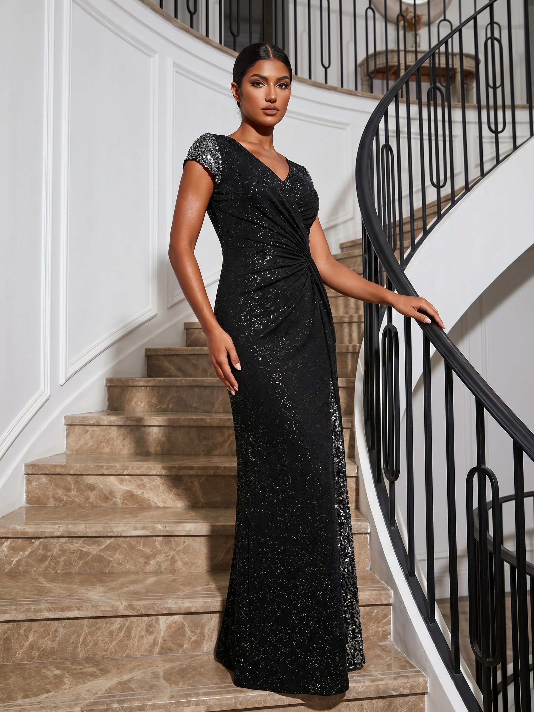 Knotted Knit Cap Sleeve Maxi Glitter Evening Dress #color_Black