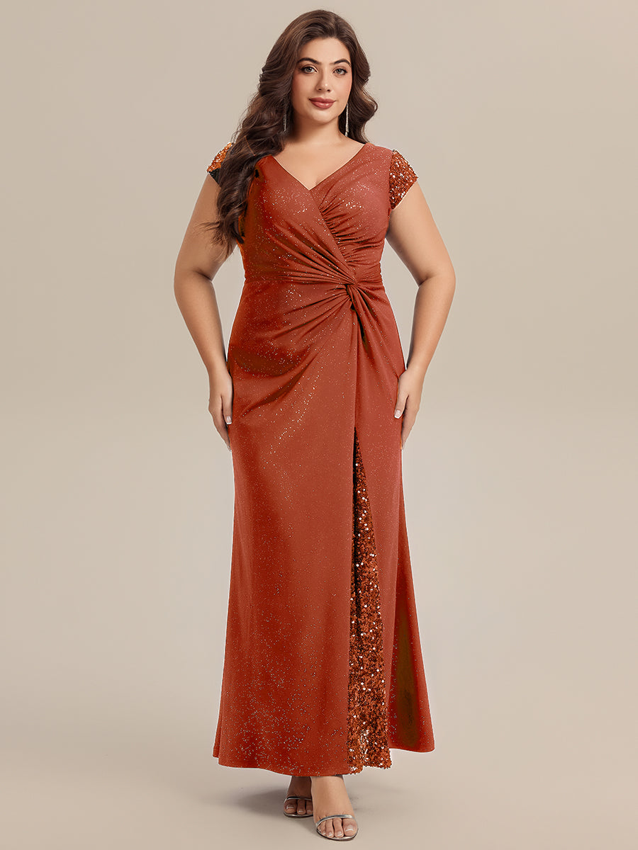 Plus Size Knotted Knit Cap Sleeve Maxi Glitter Evening Dress #color_Burnt Orange