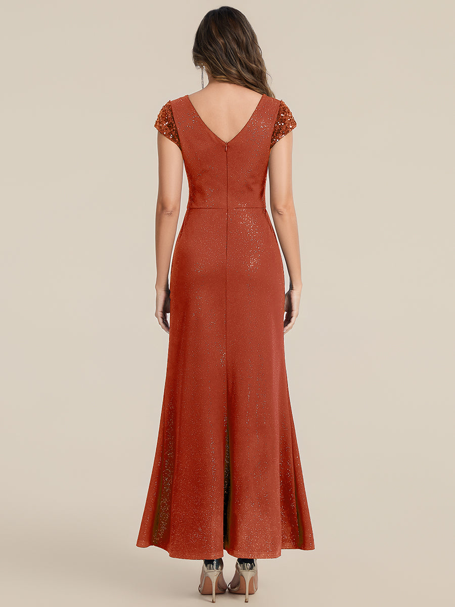 Knotted Knit Cap Sleeve Maxi Glitter Evening Dress #color_Burnt Orange