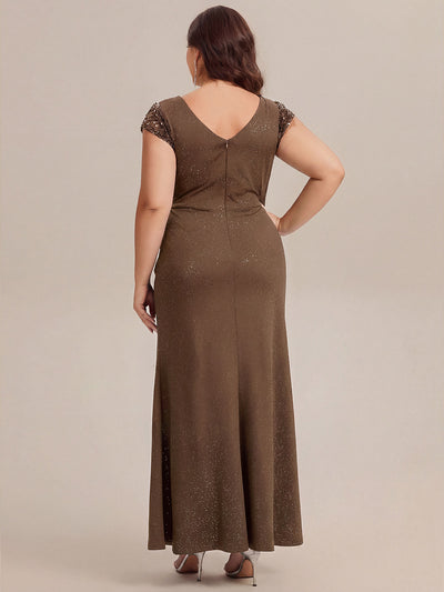Plus Size Knotted Knit Cap Sleeve Maxi Glitter Evening Dress #color_Coffee