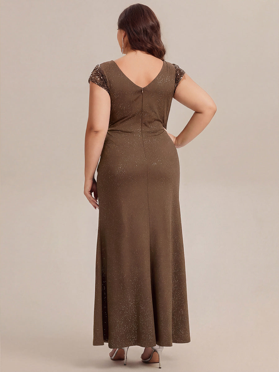 Knotted Knit Cap Sleeve Maxi Glitter Evening Dress #color_Coffee