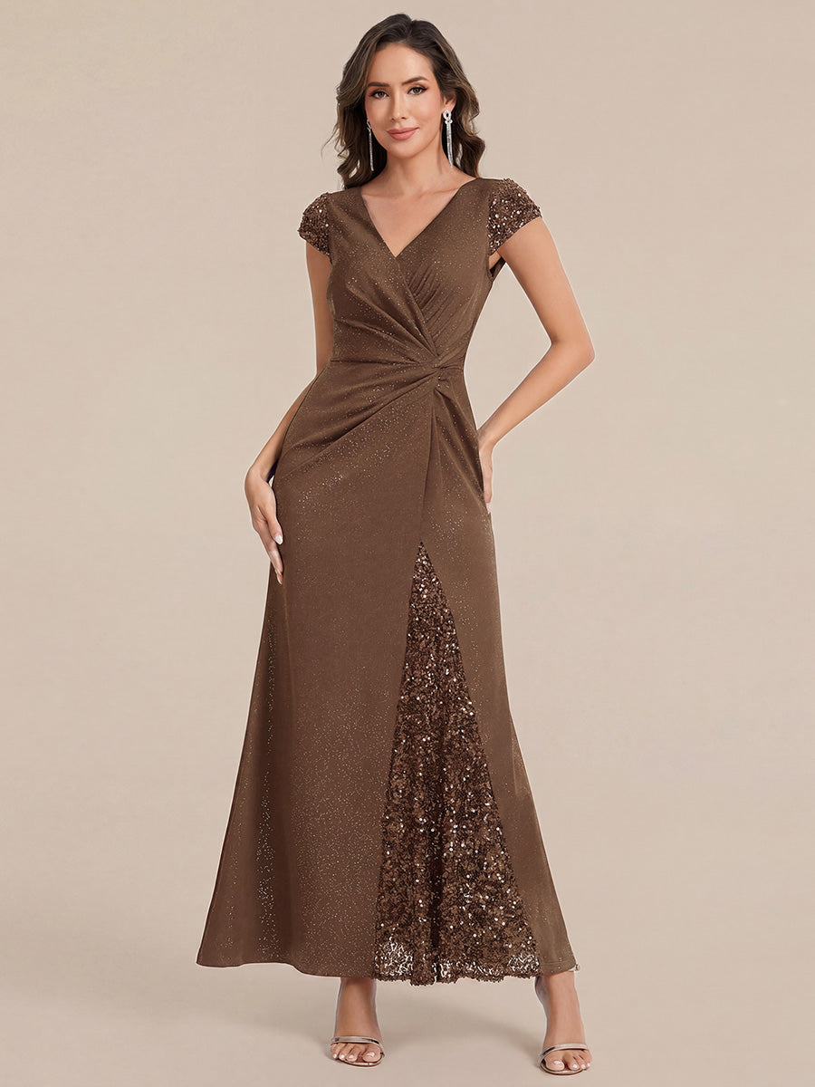 Knotted Knit Cap Sleeve Maxi Glitter Evening Dress #color_Coffee