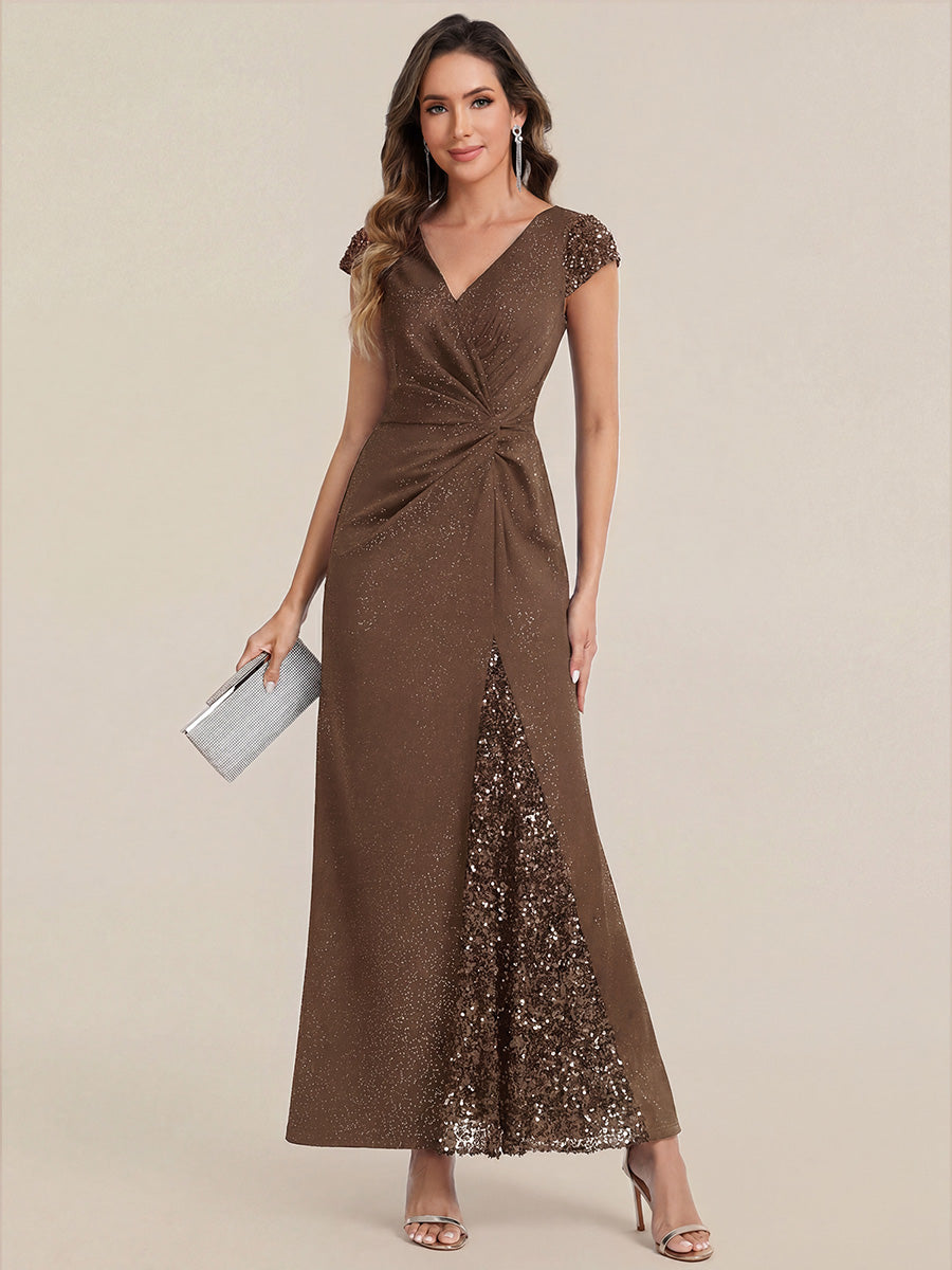 Knotted Knit Cap Sleeve Maxi Glitter Evening Dress #color_Coffee
