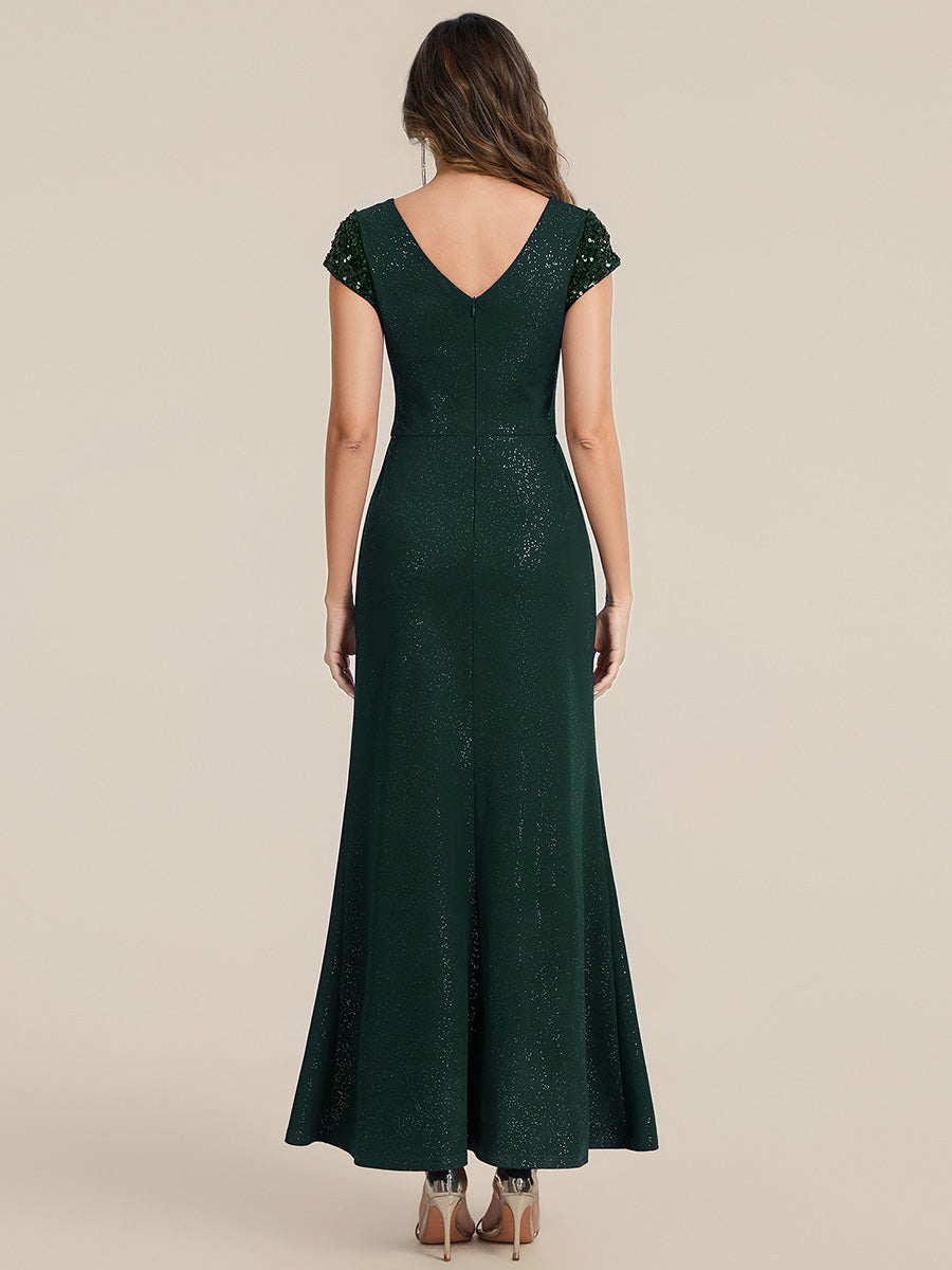 Knotted Knit Cap Sleeve Maxi Glitter Evening Dress #color_Dark Green