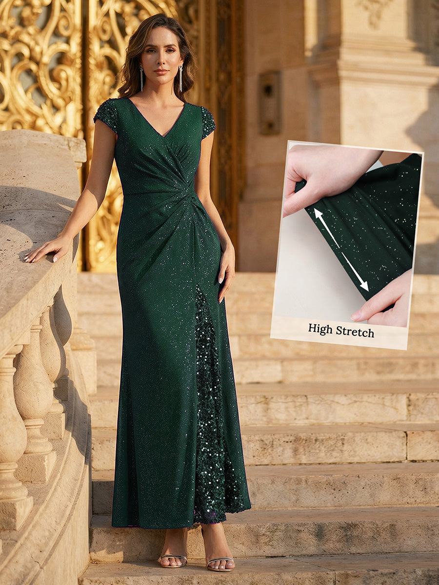 Knotted Knit Cap Sleeve Maxi Glitter Evening Dress #color_Dark Green