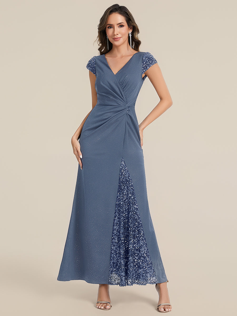 Knotted Knit Cap Sleeve Maxi Glitter Evening Dress #color_Dusty Blue