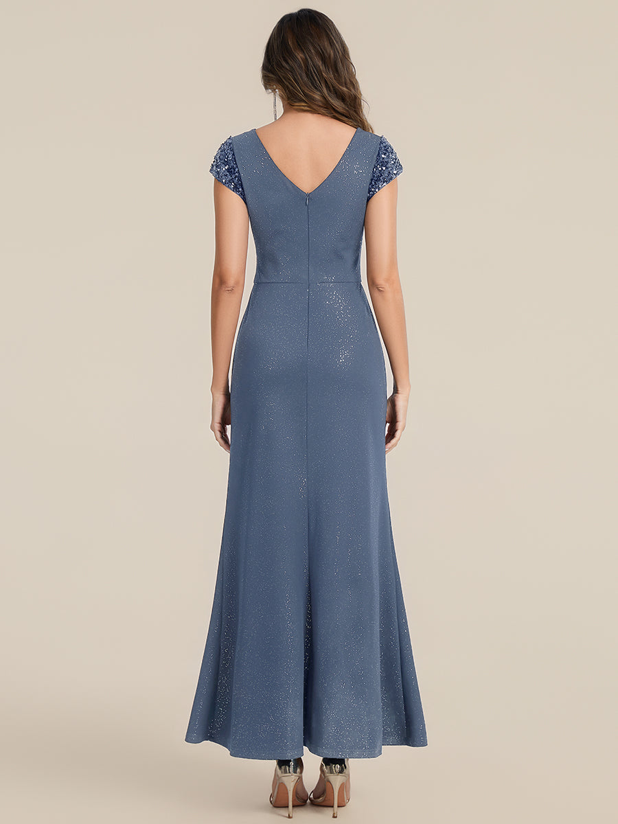 Knotted Knit Cap Sleeve Maxi Glitter Evening Dress #color_Dusty Blue