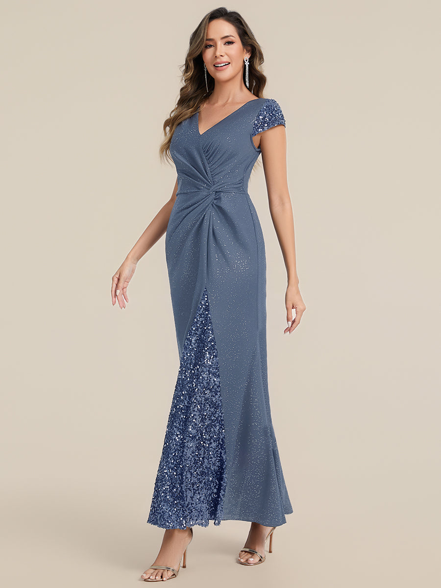 Knotted Knit Cap Sleeve Maxi Glitter Evening Dress #color_Dusty Blue