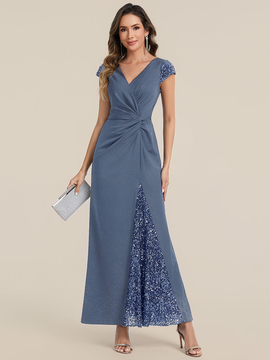 Knotted Knit Cap Sleeve Maxi Glitter Evening Dress #color_Dusty Blue