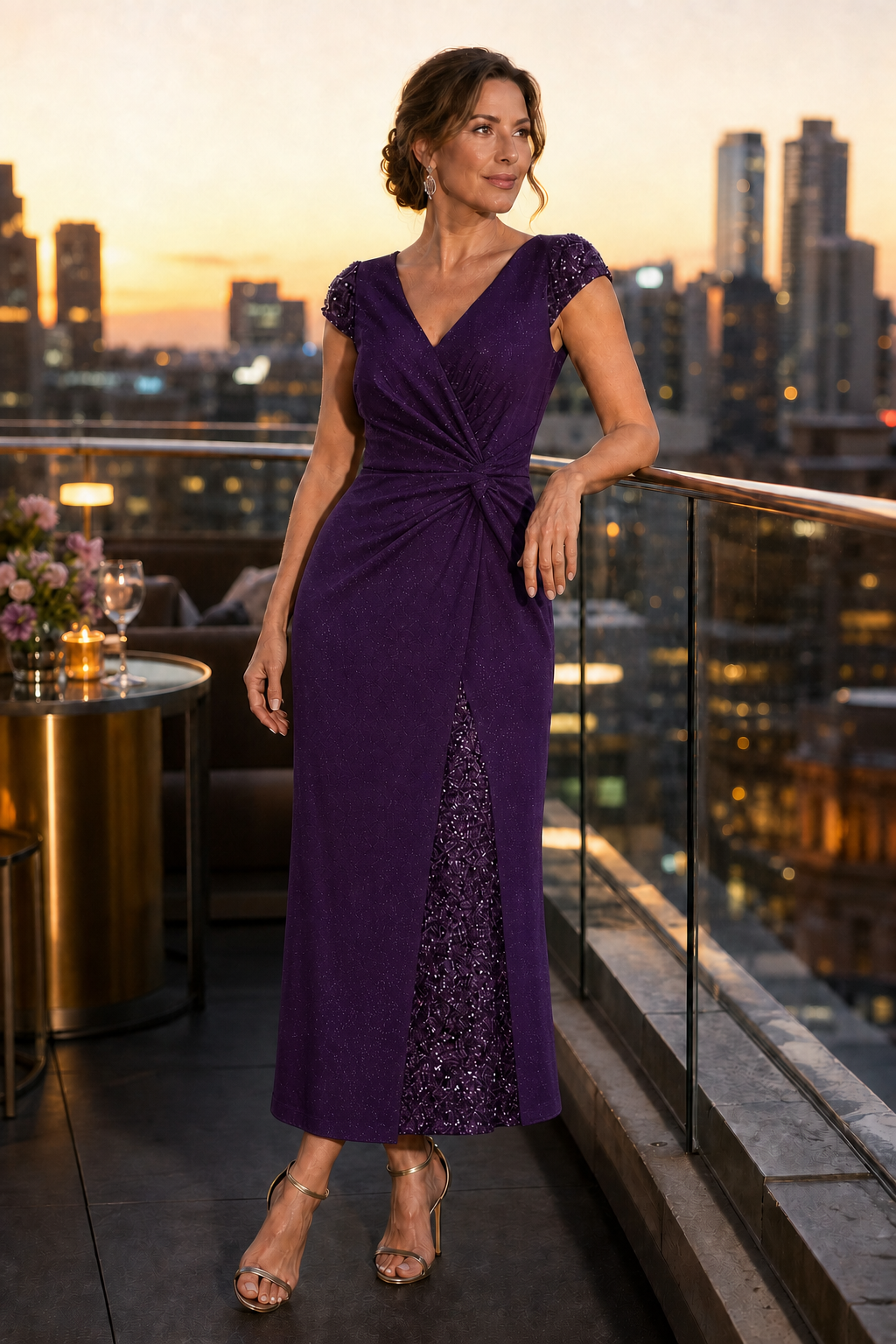 Plus Size Knotted Knit Cap Sleeve Maxi Glitter Evening Dress #color_Dark Purple