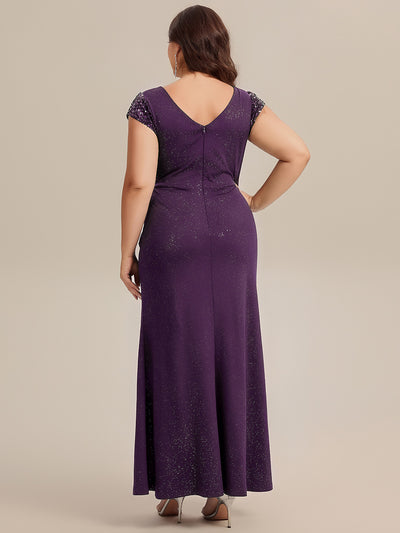 Plus Size Knotted Knit Cap Sleeve Maxi Glitter Evening Dress #color_Dark Purple