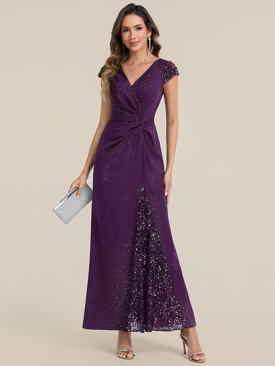 Knotted Knit Cap Sleeve Maxi Glitter Evening Dress #color_Dark Purple