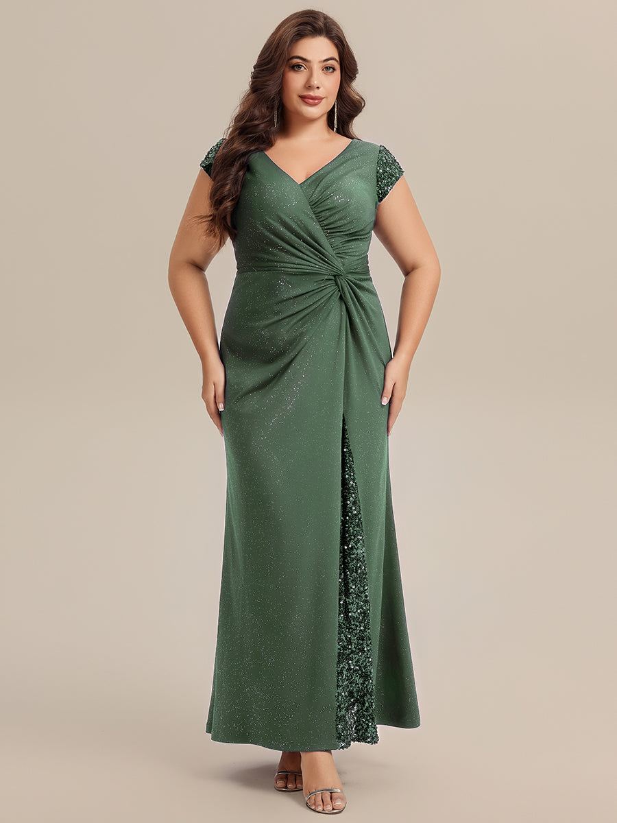 Knotted Knit Cap Sleeve Maxi Glitter Evening Dress #color_Eucalyptus