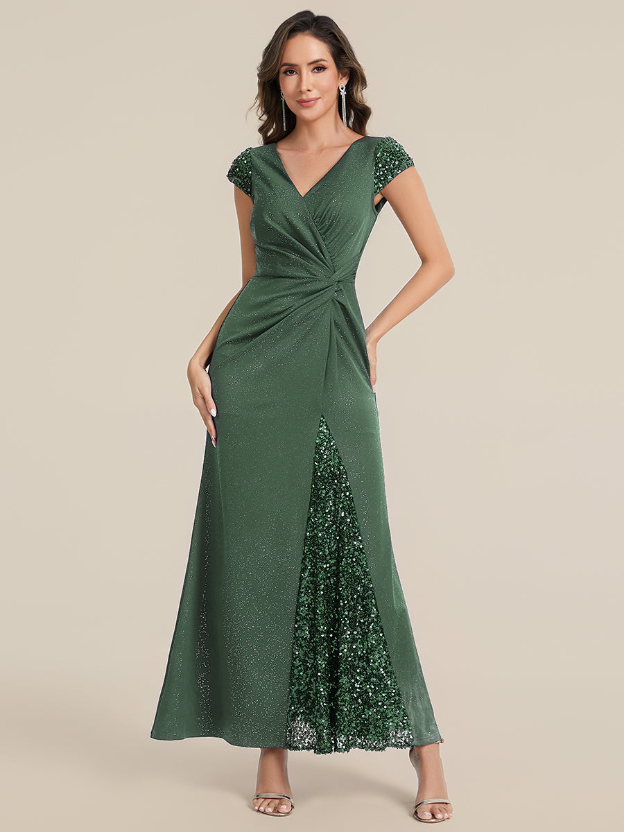 Knotted Knit Cap Sleeve Maxi Glitter Evening Dress #color_Eucalyptus